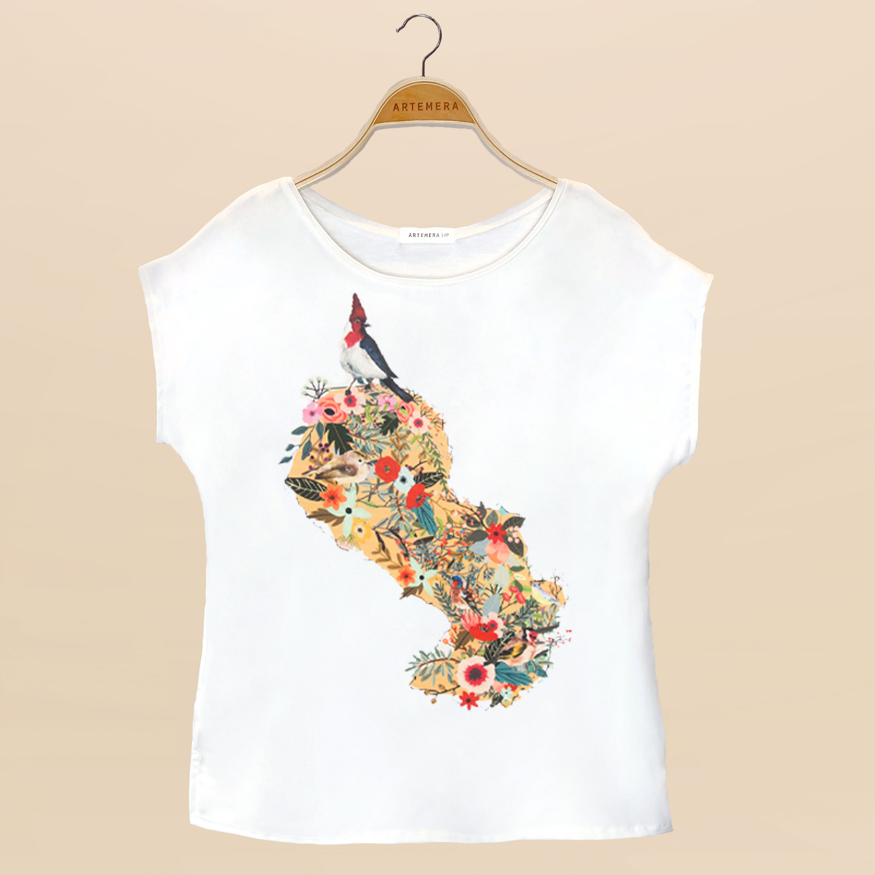 Blusa Artemera - Mapa del Paraguay con Flores y Cardenal
